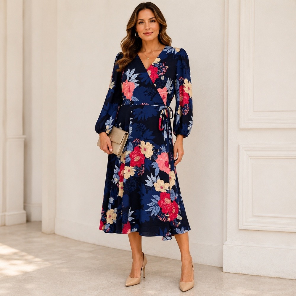 Eliza J Faux Wrap Midi Dress Womens 8 Navy Floral Wedding Cottage Garden Party
